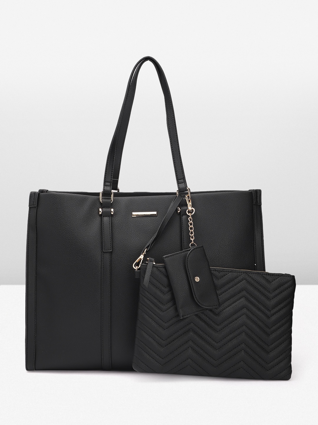 

ANNE KLEIN Structured Shoulder Bag With Quilted Pouch & Card Case, Black