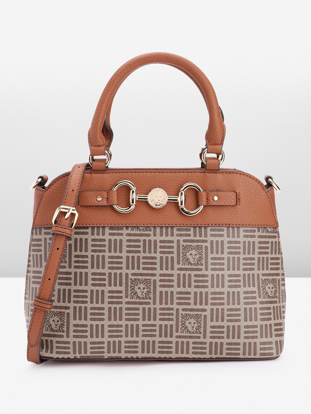 

ANNE KLEIN Geometric & Brand Logo Printed Structured Handheld Bag with Horse Bit Detail, Beige