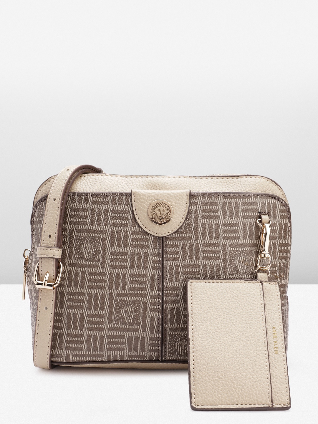 

ANNE KLEIN Geometric & Brand Logo Printed Structured Sling Bag, Beige