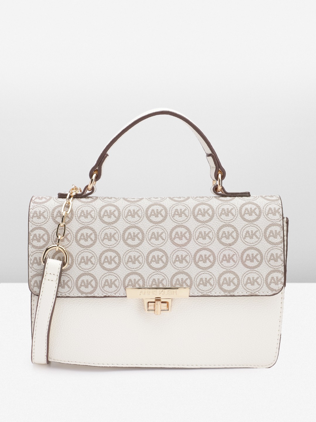 

ANNE KLEIN Brand Logo Printed Structured Satchel Bag, White