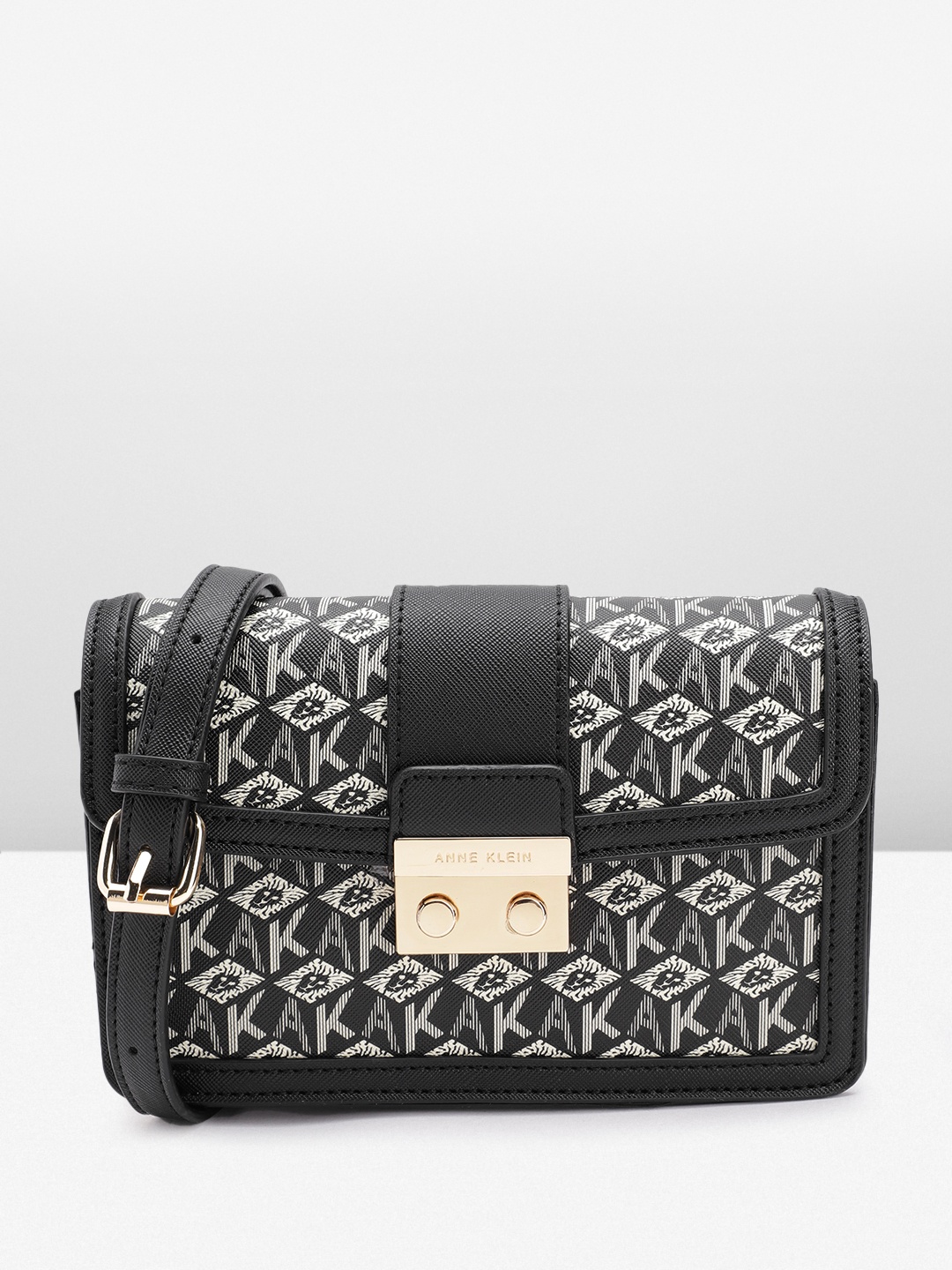 

ANNE KLEIN Brand Logo Printed Structured Sling Bag, Black