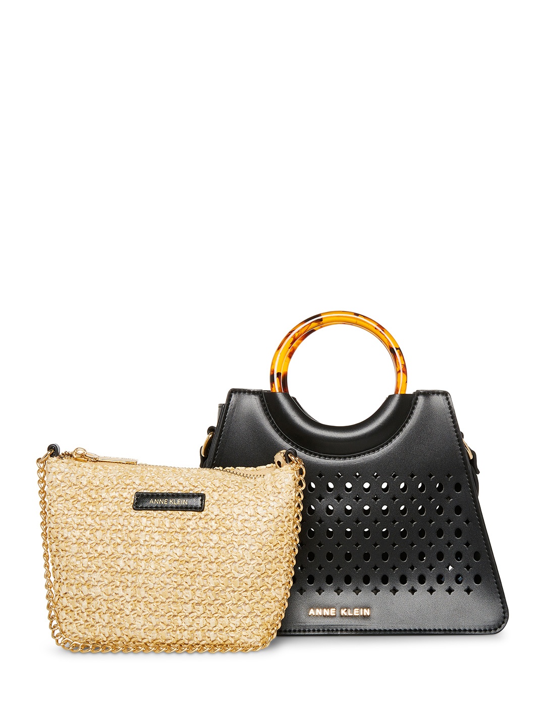

ANNE KLEIN Geometric Textured Structured Sling Bag with Cut Work Detail, Black