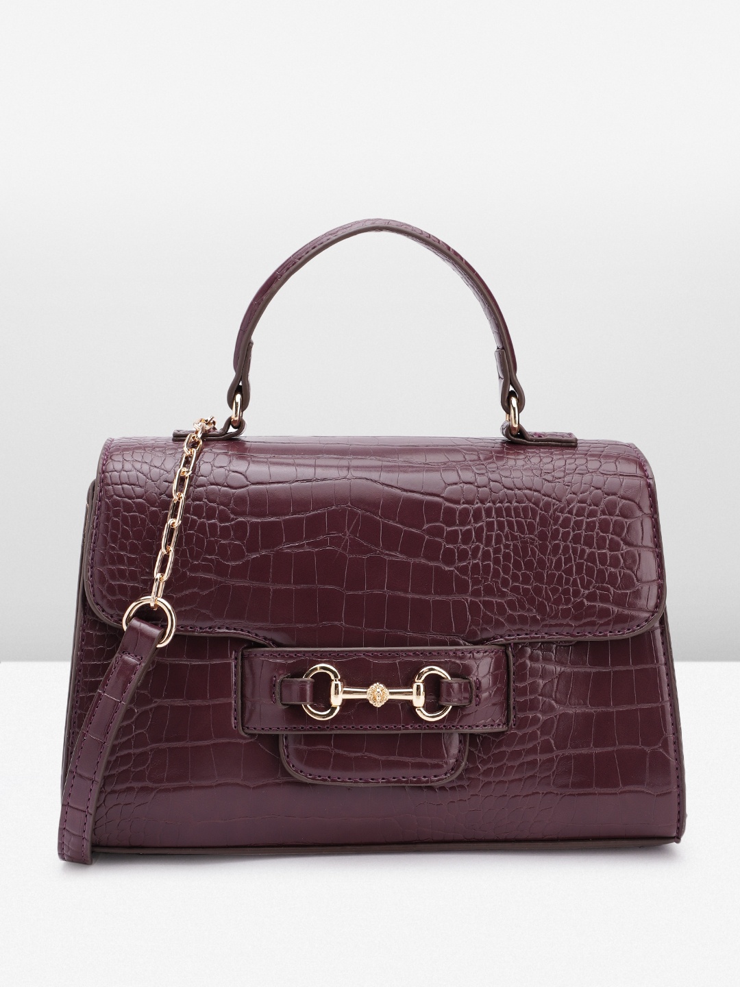 

ANNE KLEIN Croc Textured Structured Satchel Bag with Horse Bit Detail, Burgundy