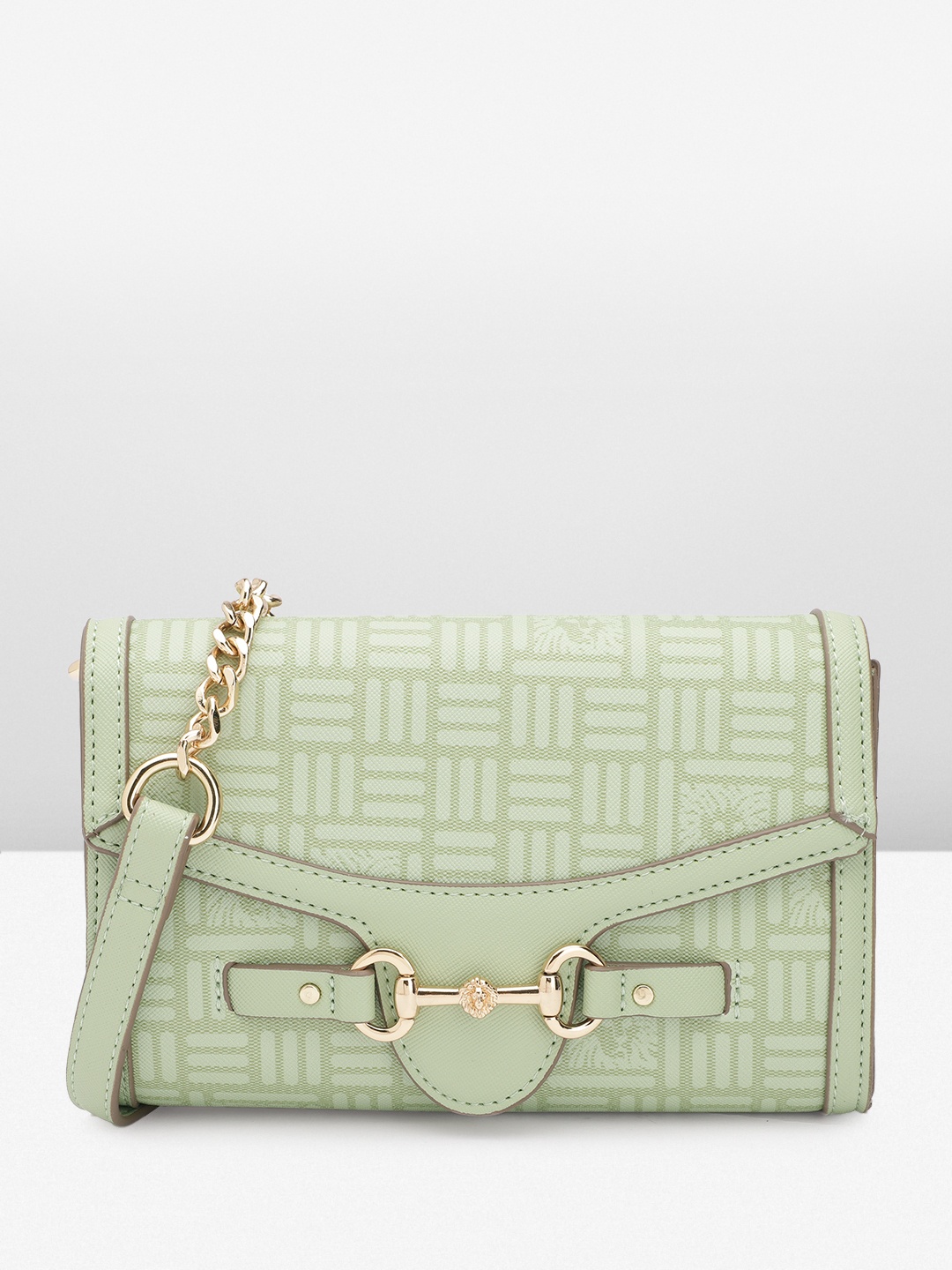 

ANNE KLEIN Geometric & Brand Logo Printed Horse Bit Detail Structured Sling Bag, Green