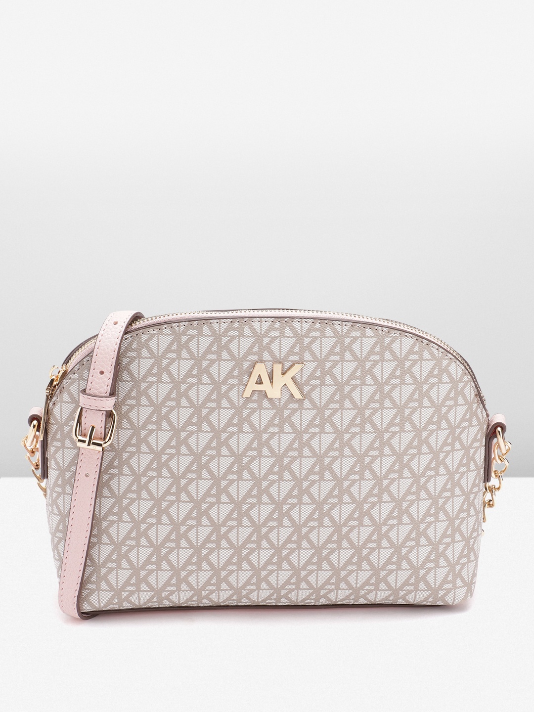 

ANNE KLEIN Brand Logo Printed Structured Sling Bag, Beige