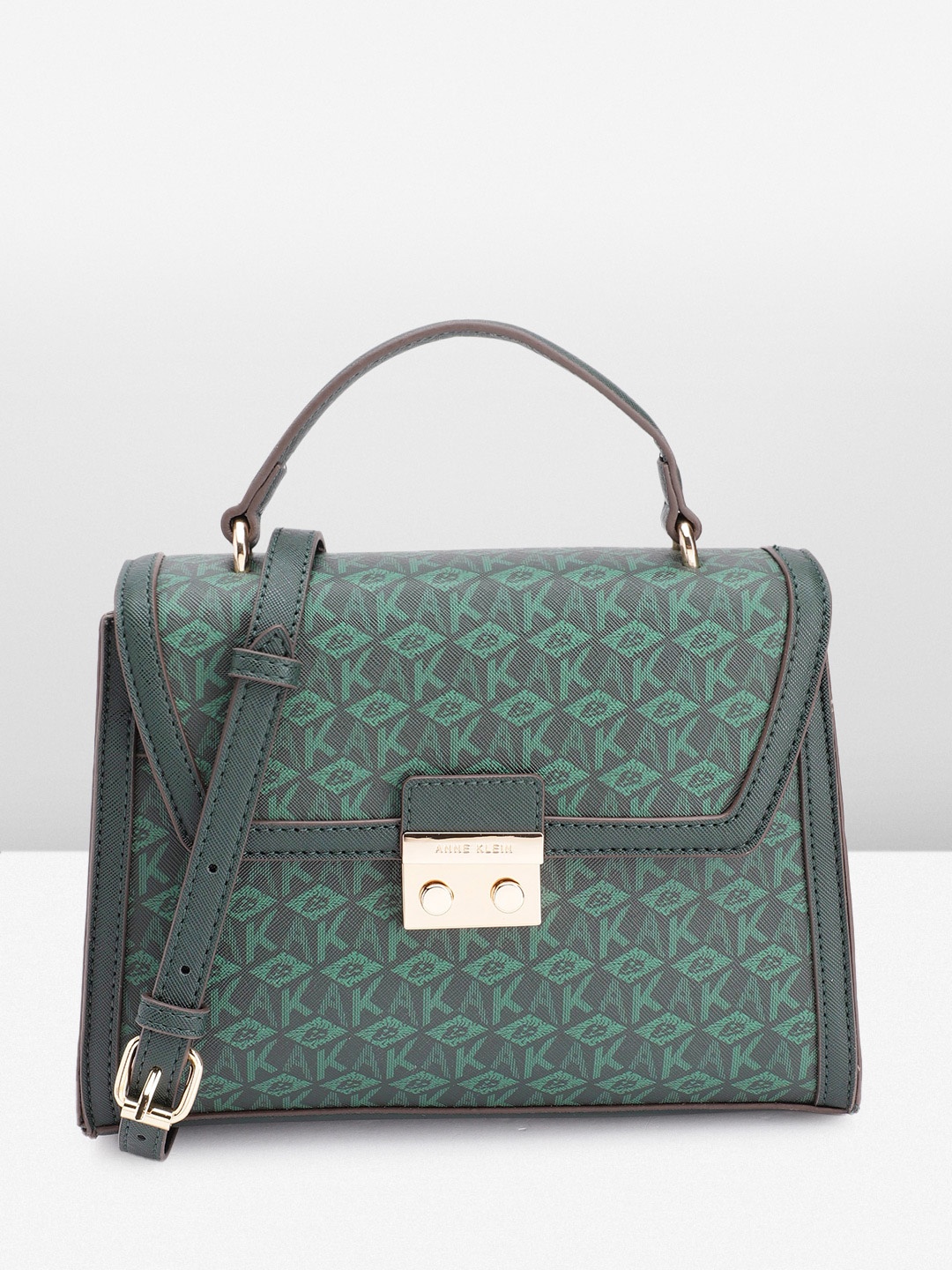 

ANNE KLEIN Brand Logo Printed Structured Satchel Bag, Green