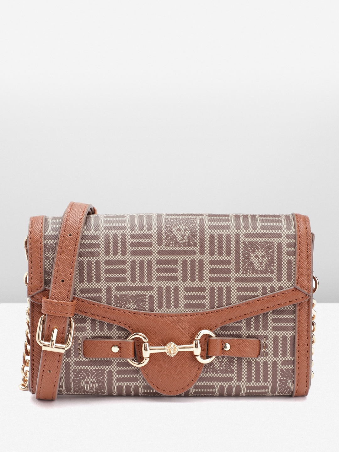 

ANNE KLEIN Brand Logo Printed Structured Sling Bag, Brown