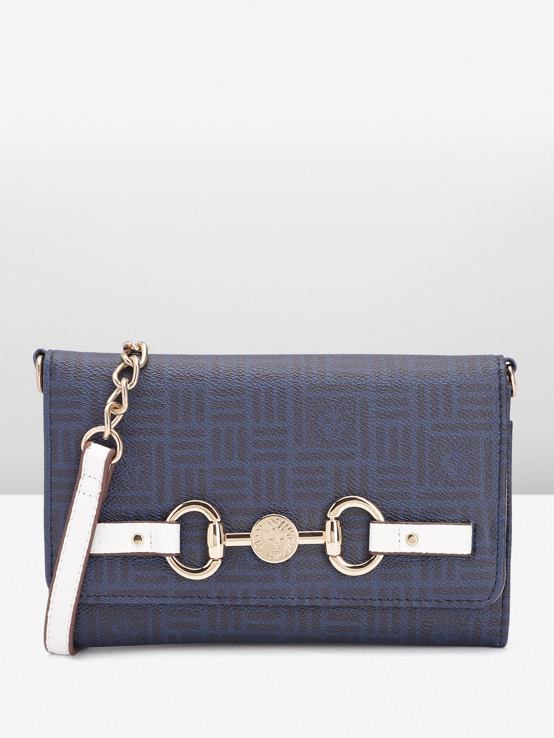 

ANNE KLEIN Brand Logo Printed Structured Sling Bag, Navy blue