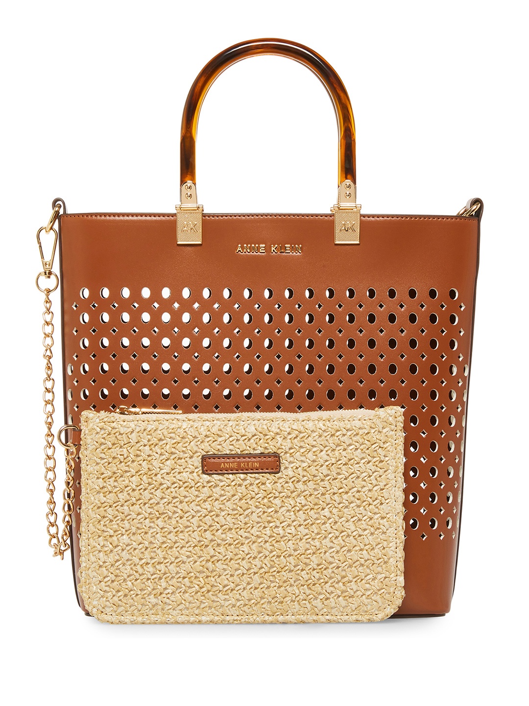 

ANNE KLEIN Geometric Textured Structured Handheld Bag with Cut Work Detail, Brown