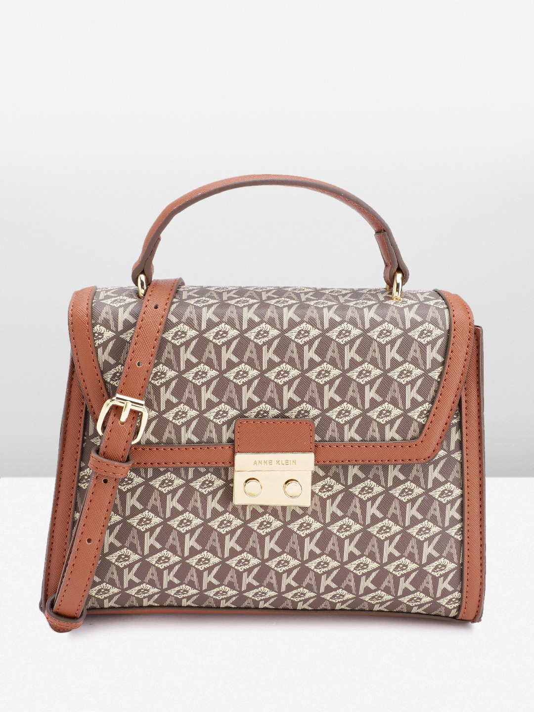

ANNE KLEIN Brand Logo Printed Structured Satchel Bag, Brown
