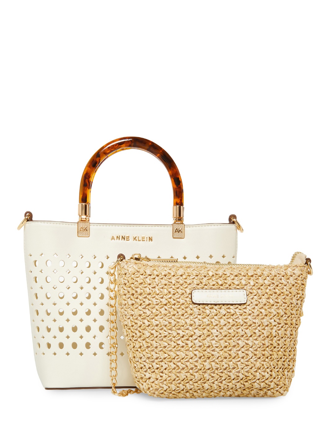 

ANNE KLEIN Laser Cut Detail Bucket Handheld Bag with Woven Design Pouch, Off white