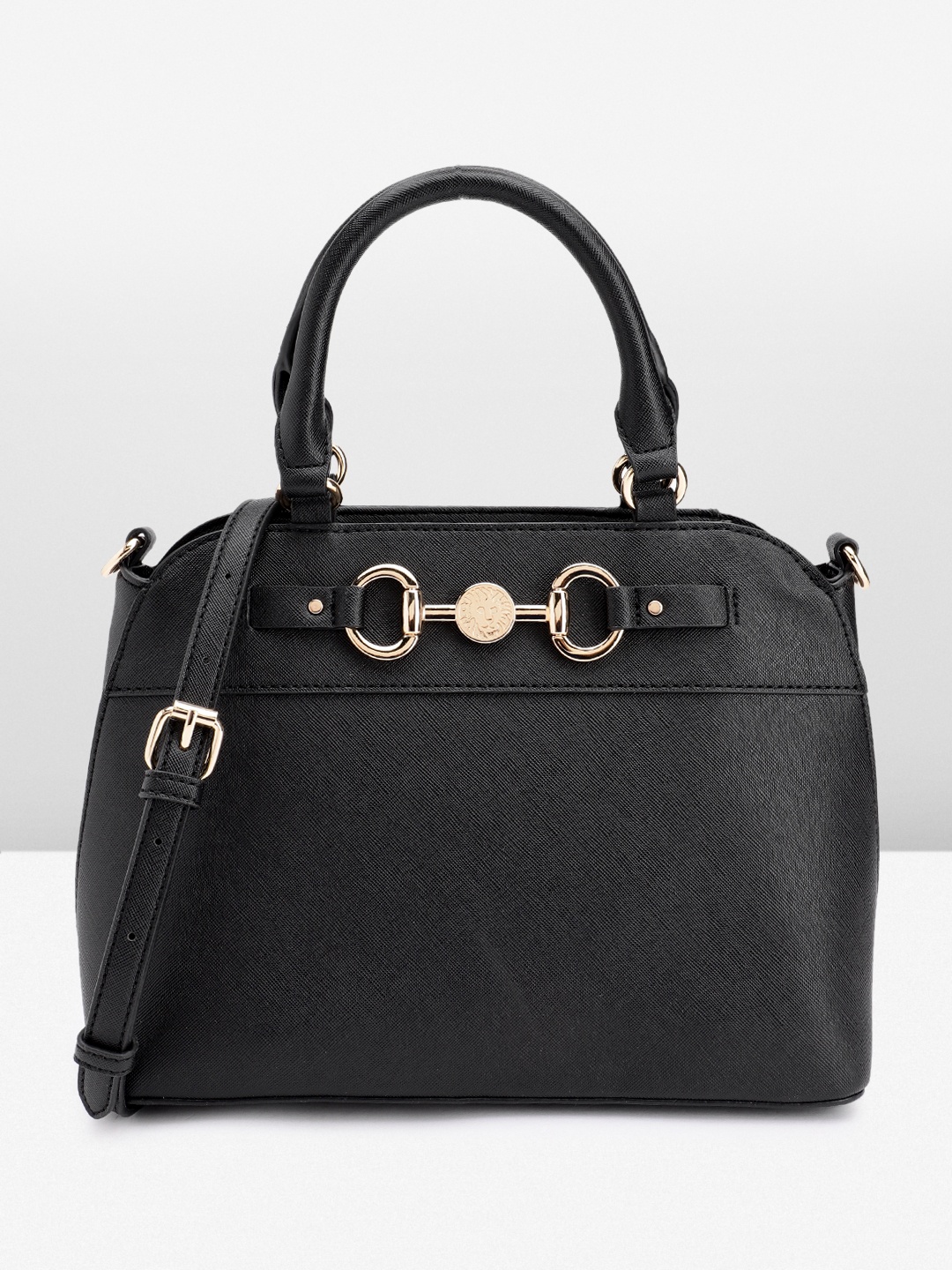 

ANNE KLEIN Textured Structured Handheld Bag with Horse Bit Detail, Black