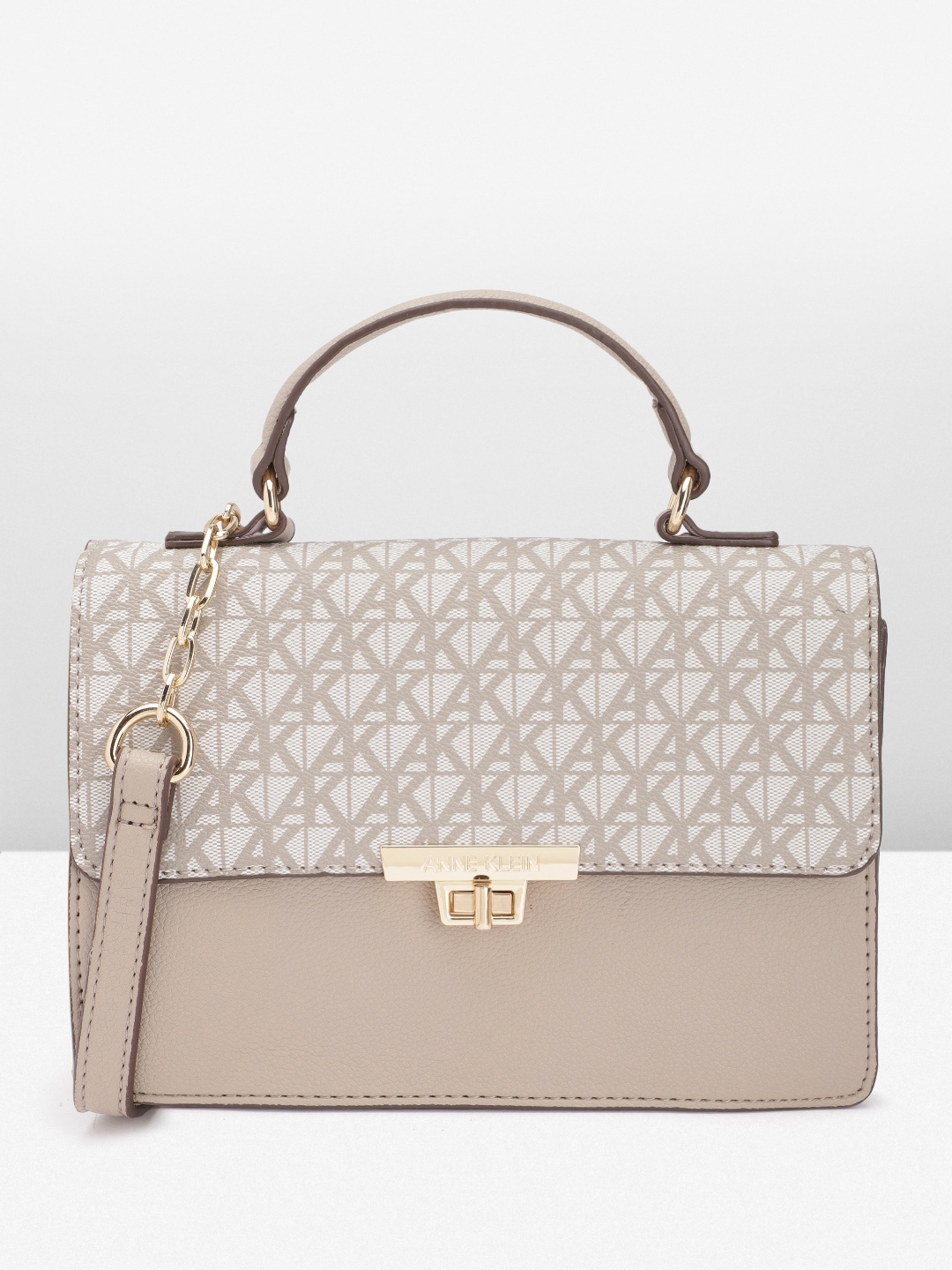 

ANNE KLEIN Brand Logo Printed Structured Satchel, Taupe