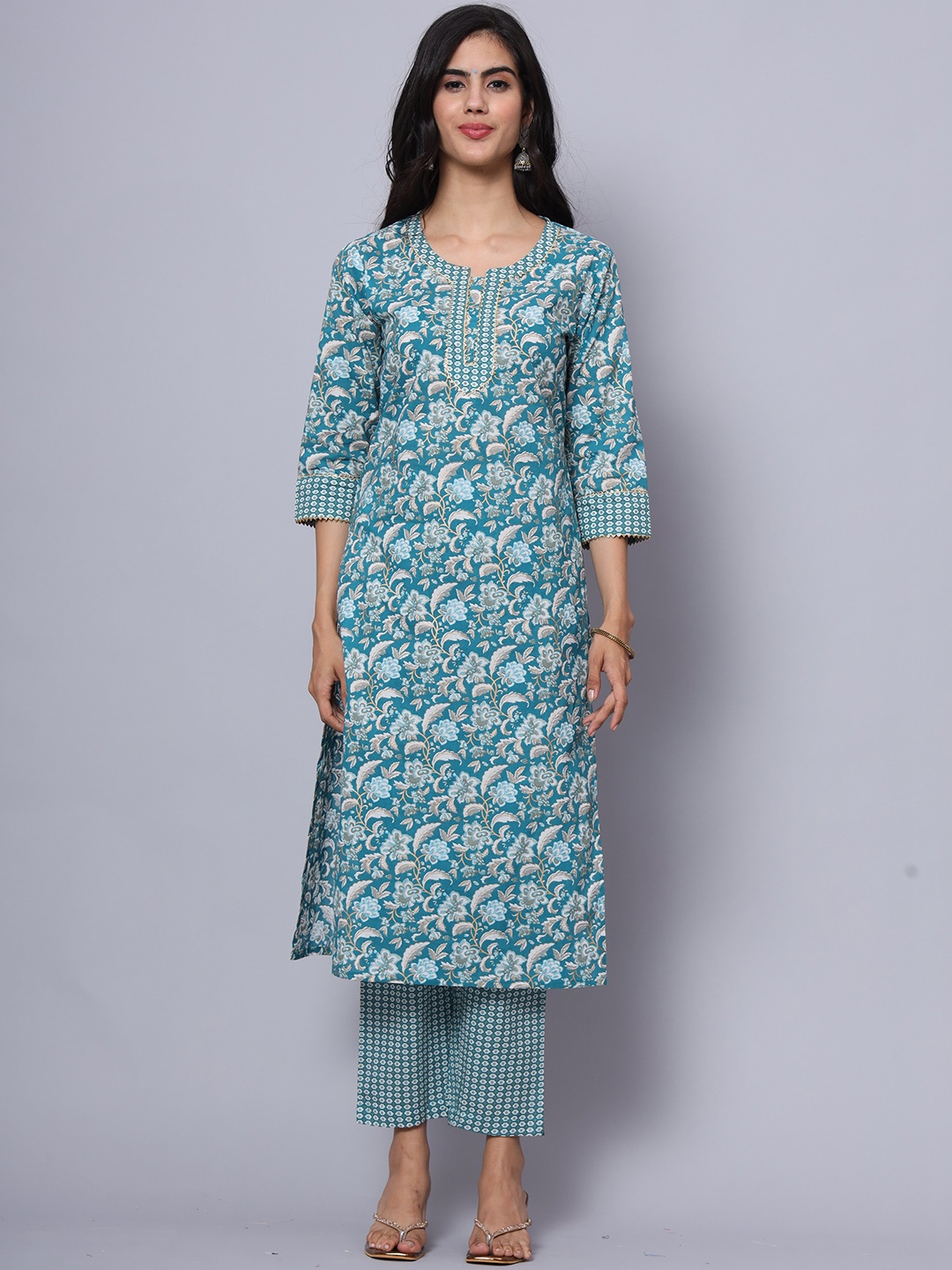 

LARGISH Floral Printed Pure Cotton Kurta With Trousers, Turquoise blue