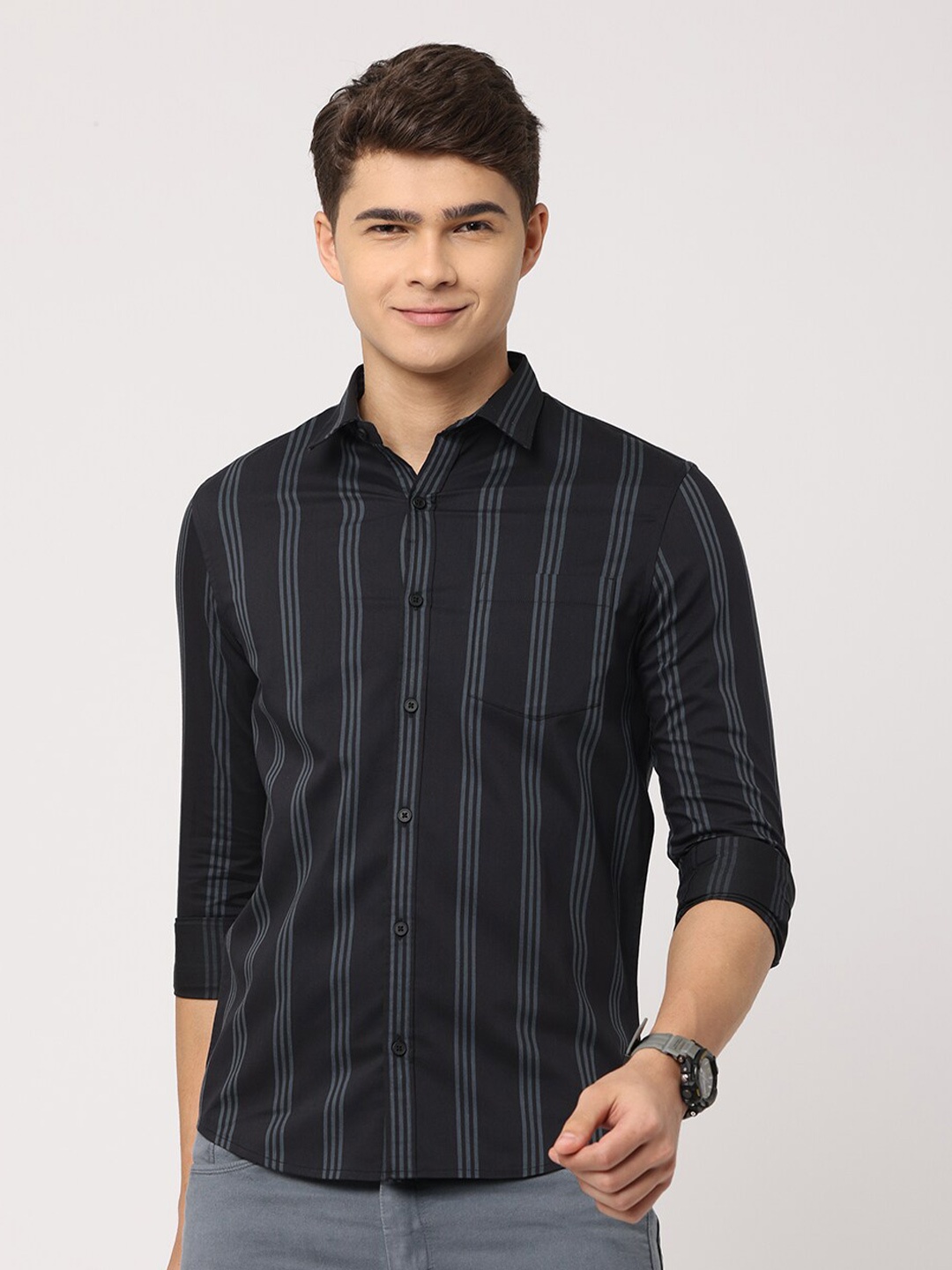 

FLY 69 Striped Cotton Premium Slim Fit Opaque Casual Shirt, Black