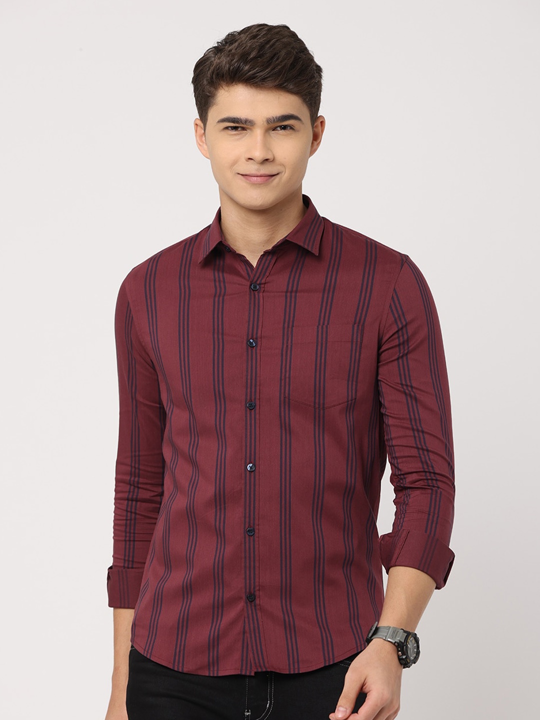 

FLY 69 Spread Collar Premium Slim Fit Striped Pure Cotton Casual Shirt, Maroon