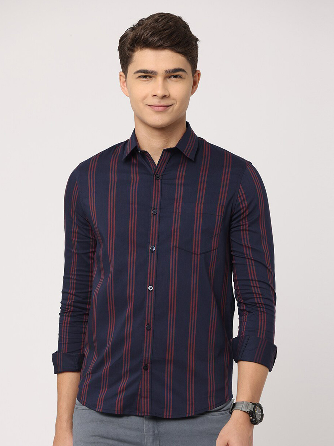 

FLY 69 Premium Slim Fit Vertical Striped Opaque Pure Cotton Casual Shirt, Navy blue