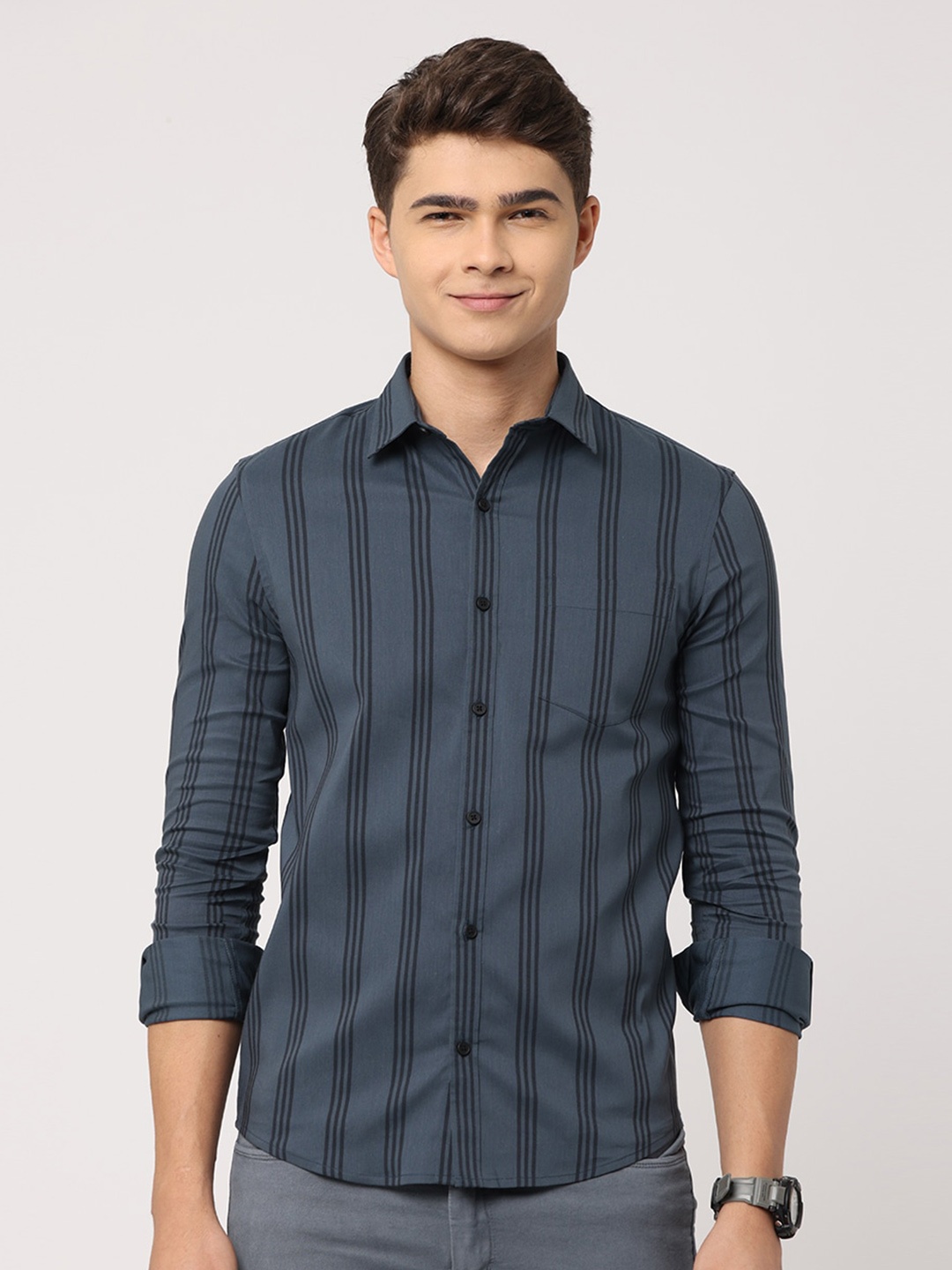 

FLY 69 Premium Slim Fit Striped Pure Cotton Casual Shirt, Grey