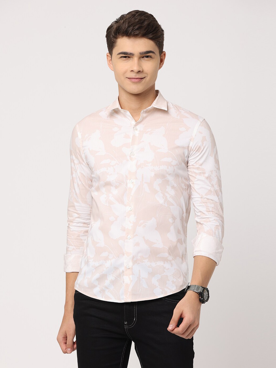 

FLY 69 Premium Slim Fit Floral Printed Pure Cotton Casual Shirt, Peach
