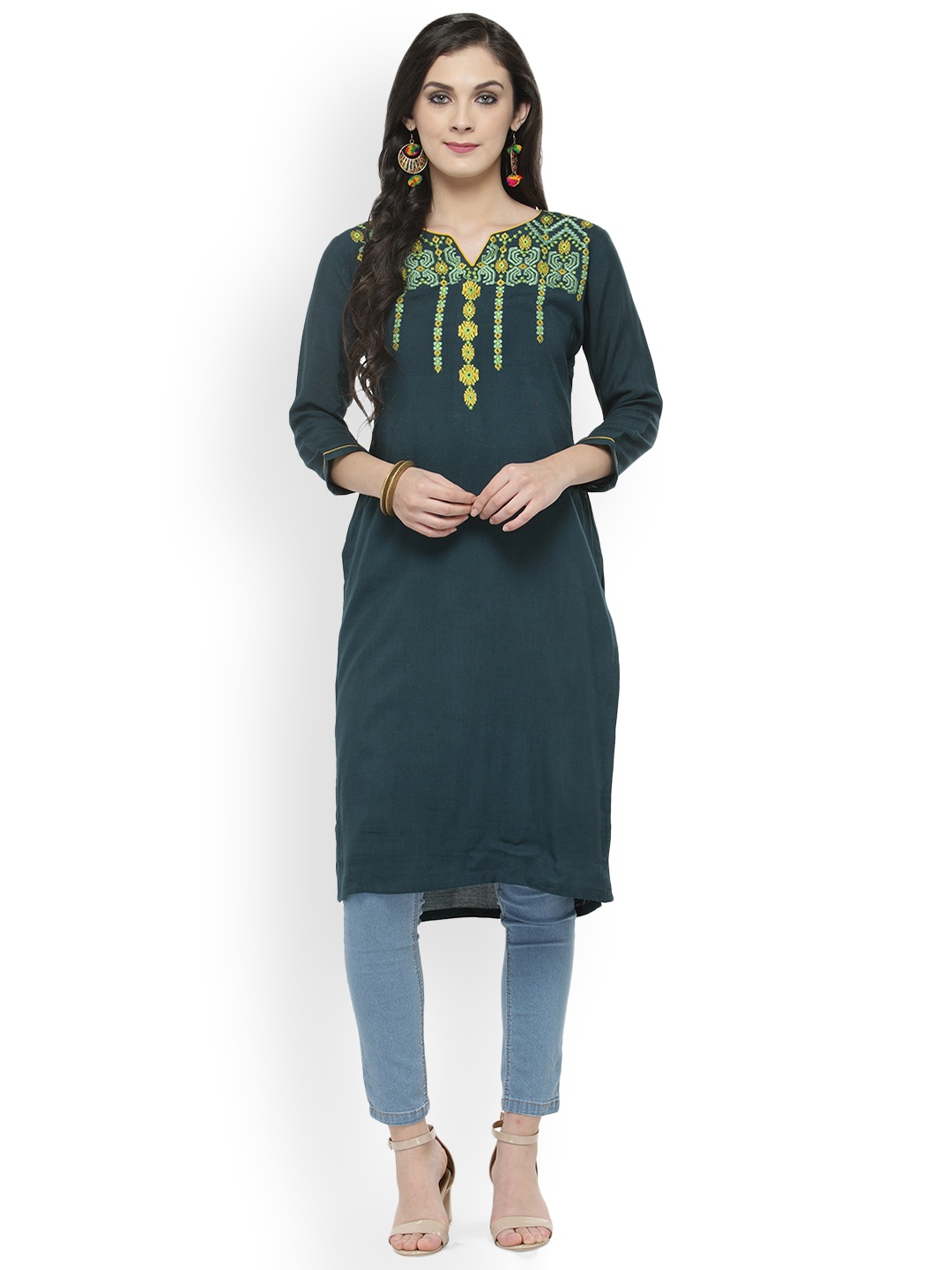 

Kvsfab Women Green Embroidered Straight Kurta