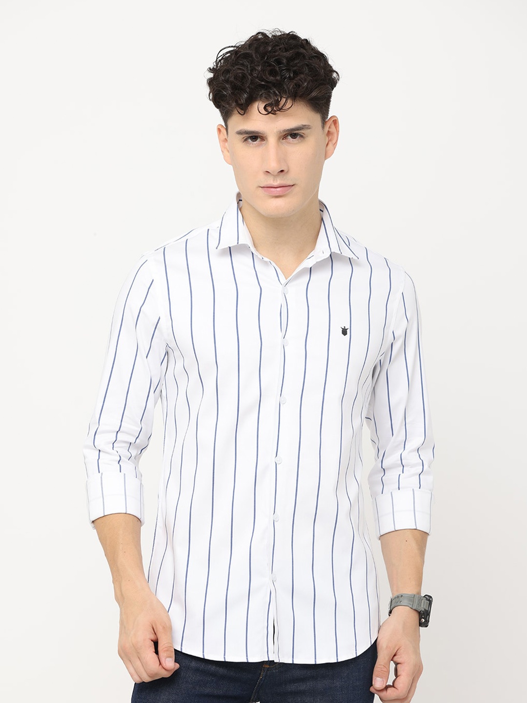 

FLY 69 Premium Slim Fit Vertical Stripes Pur Cotton Casual Shirt, White