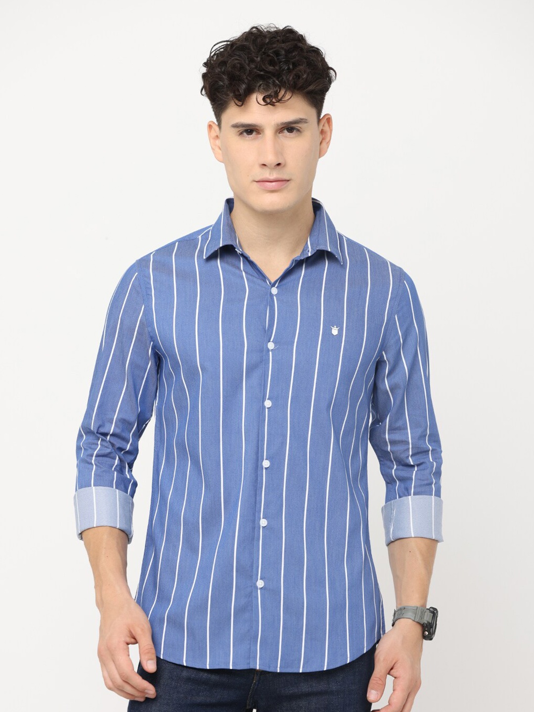 

FLY 69 Striped Premium Slim Fit Pure Cotton Casual Shirt, Blue