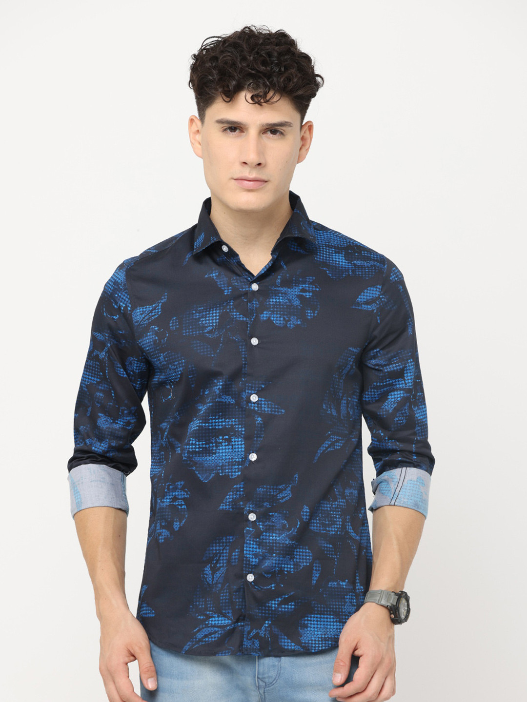 

FLY 69 Premium Slim Fit Floral Printed Pure Cotton Casual Shirt, Navy blue