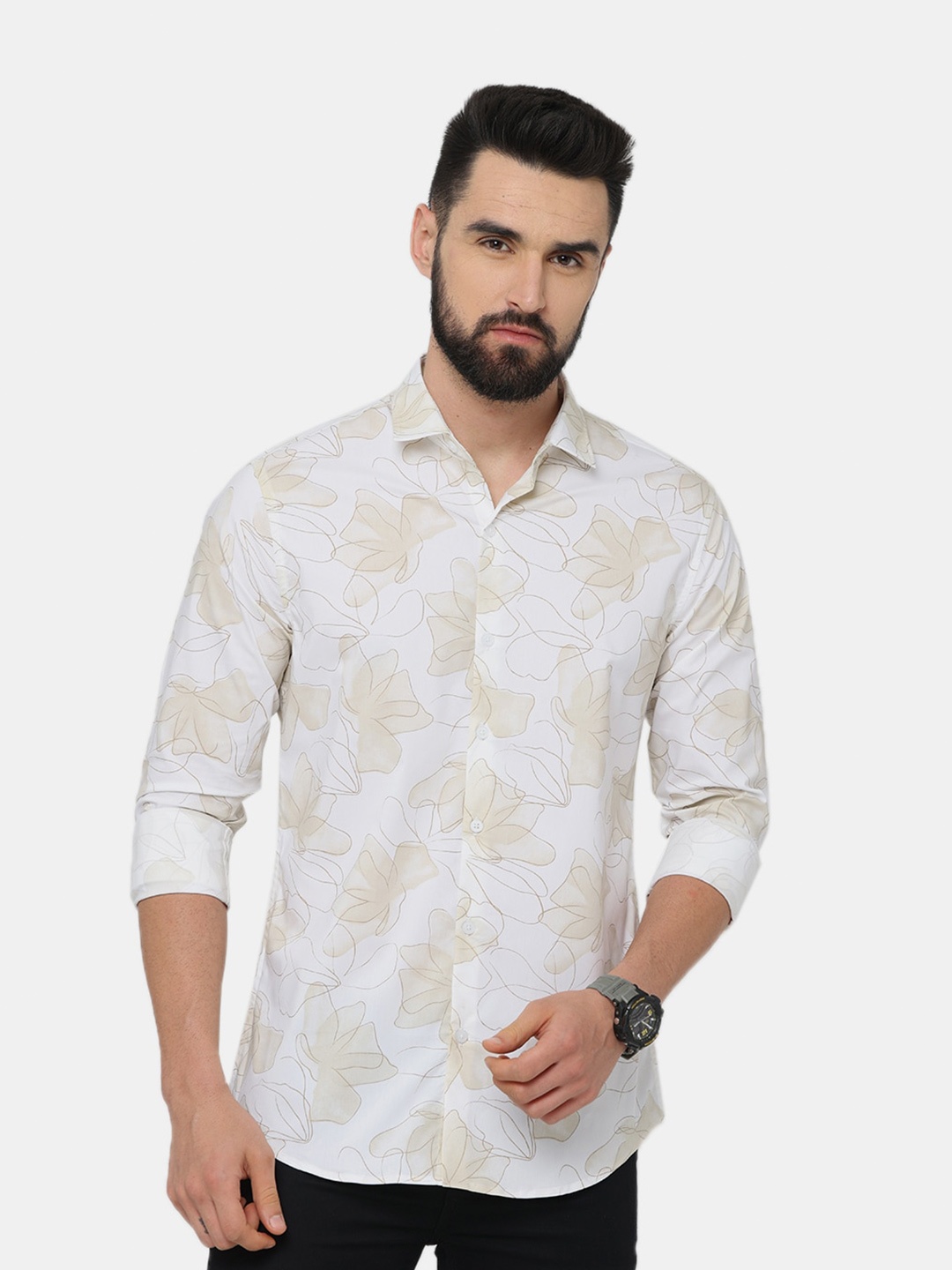 

FLY 69 Premium Slim Fit Floral Printed Pure Cotton Casual Shirt, White