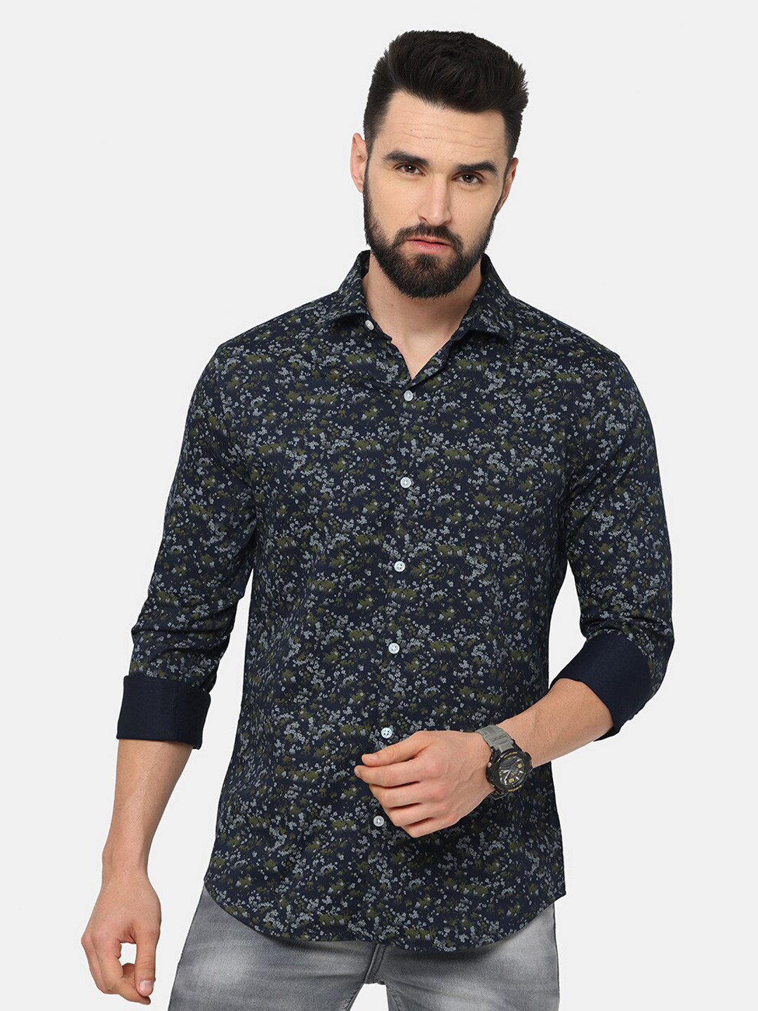 

FLY 69 Premium Slim Fit Floral Printed Pure Cotton Casual Shirt, Navy blue
