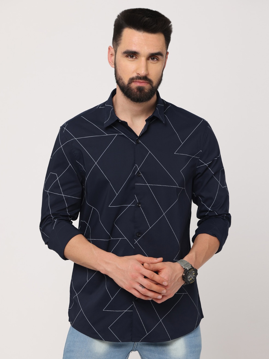 

FLY 69 Premium Slim Fit Abstract Printed Cotton Casual Shirt, Navy blue