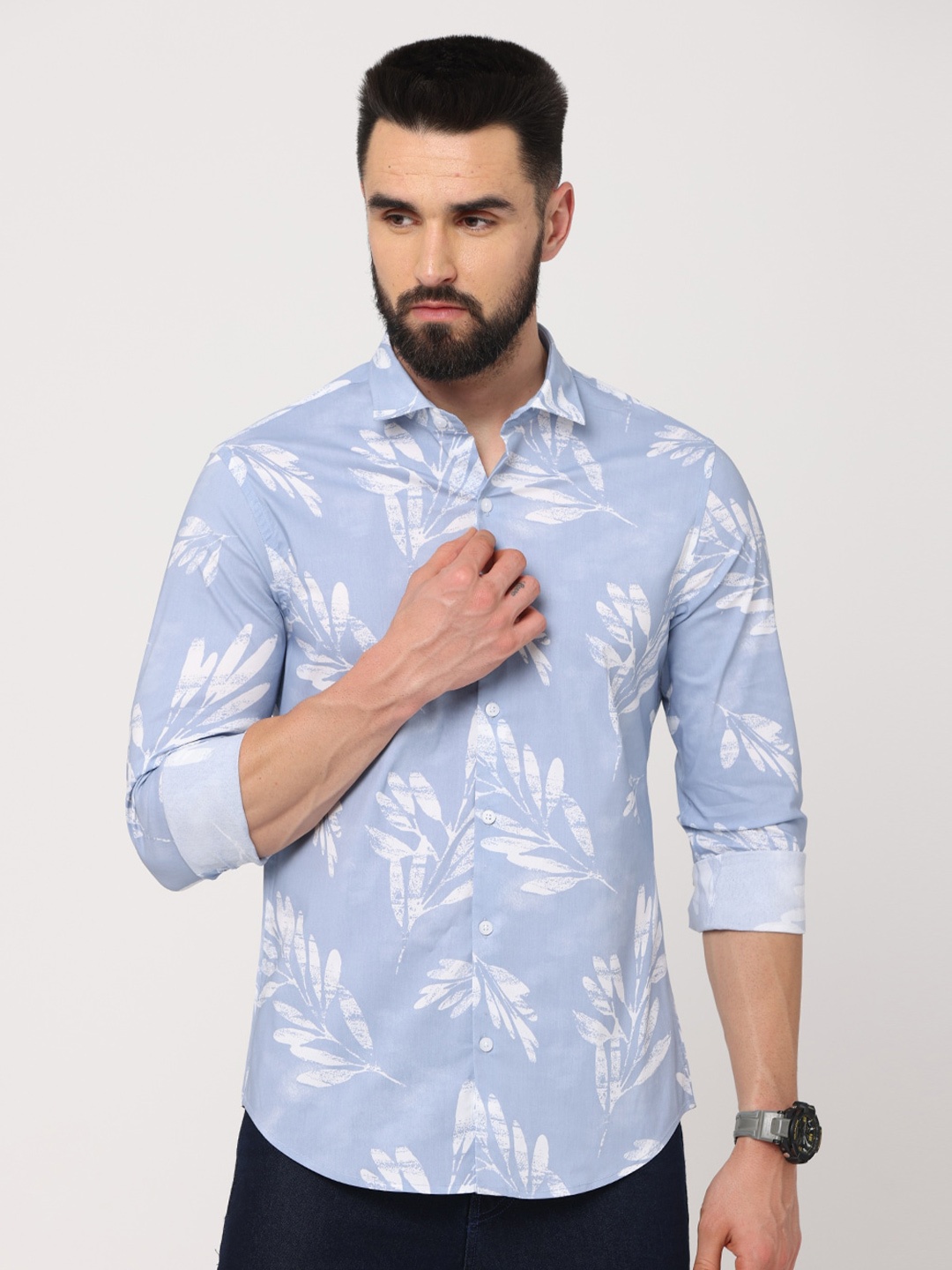 

FLY 69 Premium Slim Fit Floral Printed Pure Cotton Casual Shirt, Blue