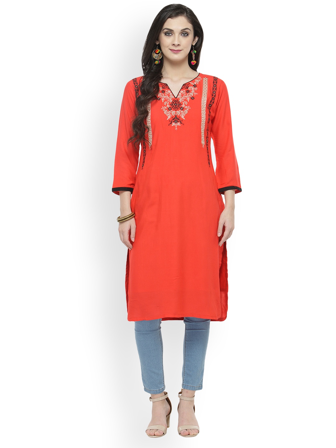 

Kvsfab Women Coral Embroidered Straight Kurta