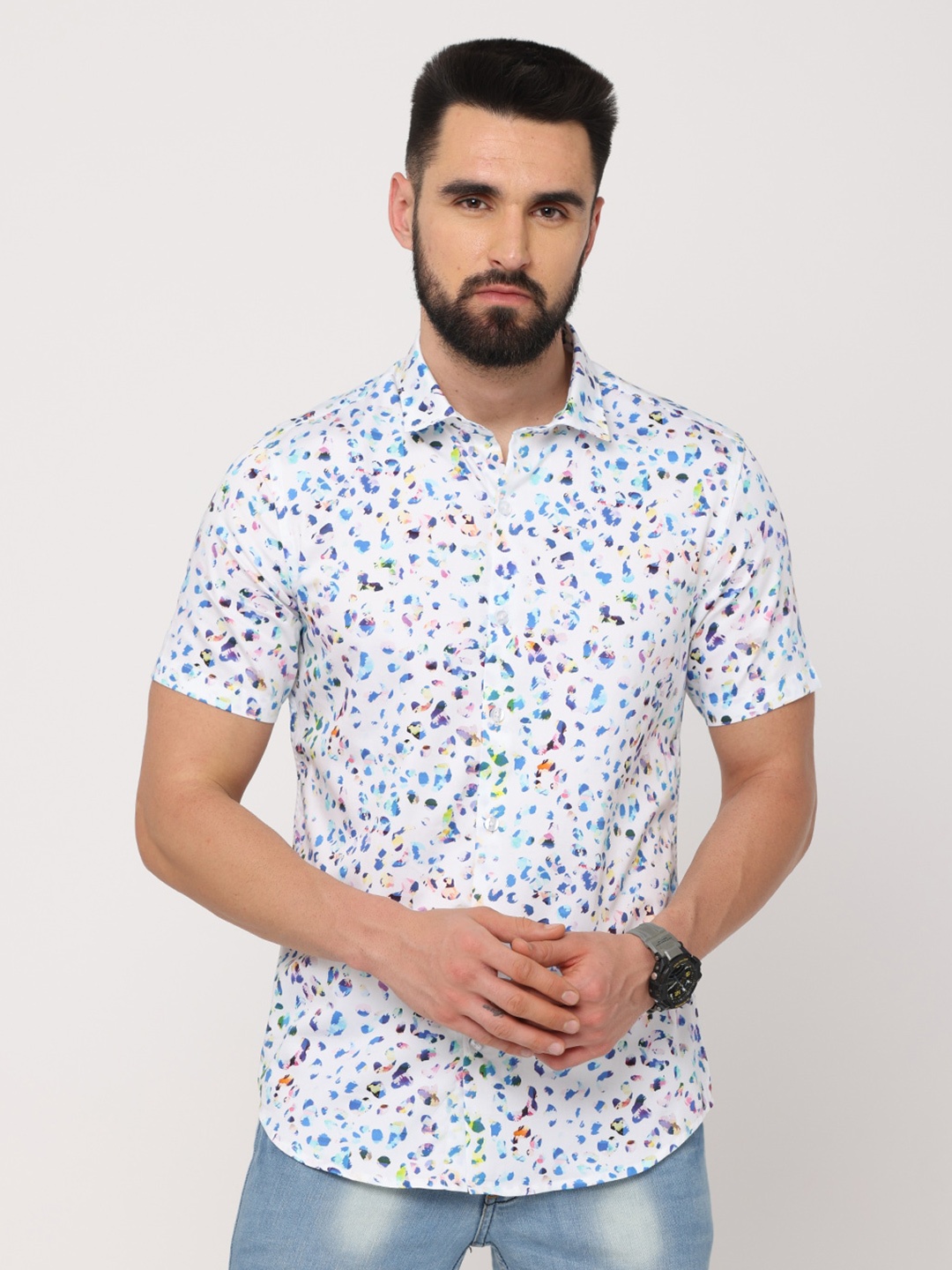 

FLY 69 Premium Slim Fit Abstract Printed Pure Cotton Casual Shirt, White