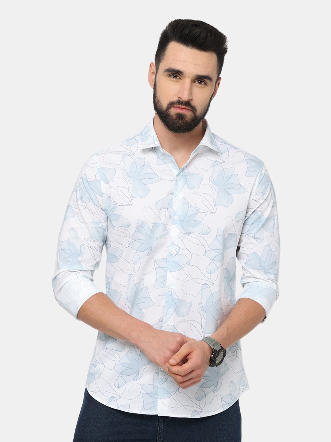 

FLY 69 Premium Slim Fit Floral Printed Casual Pure Cotton Shirt, Blue