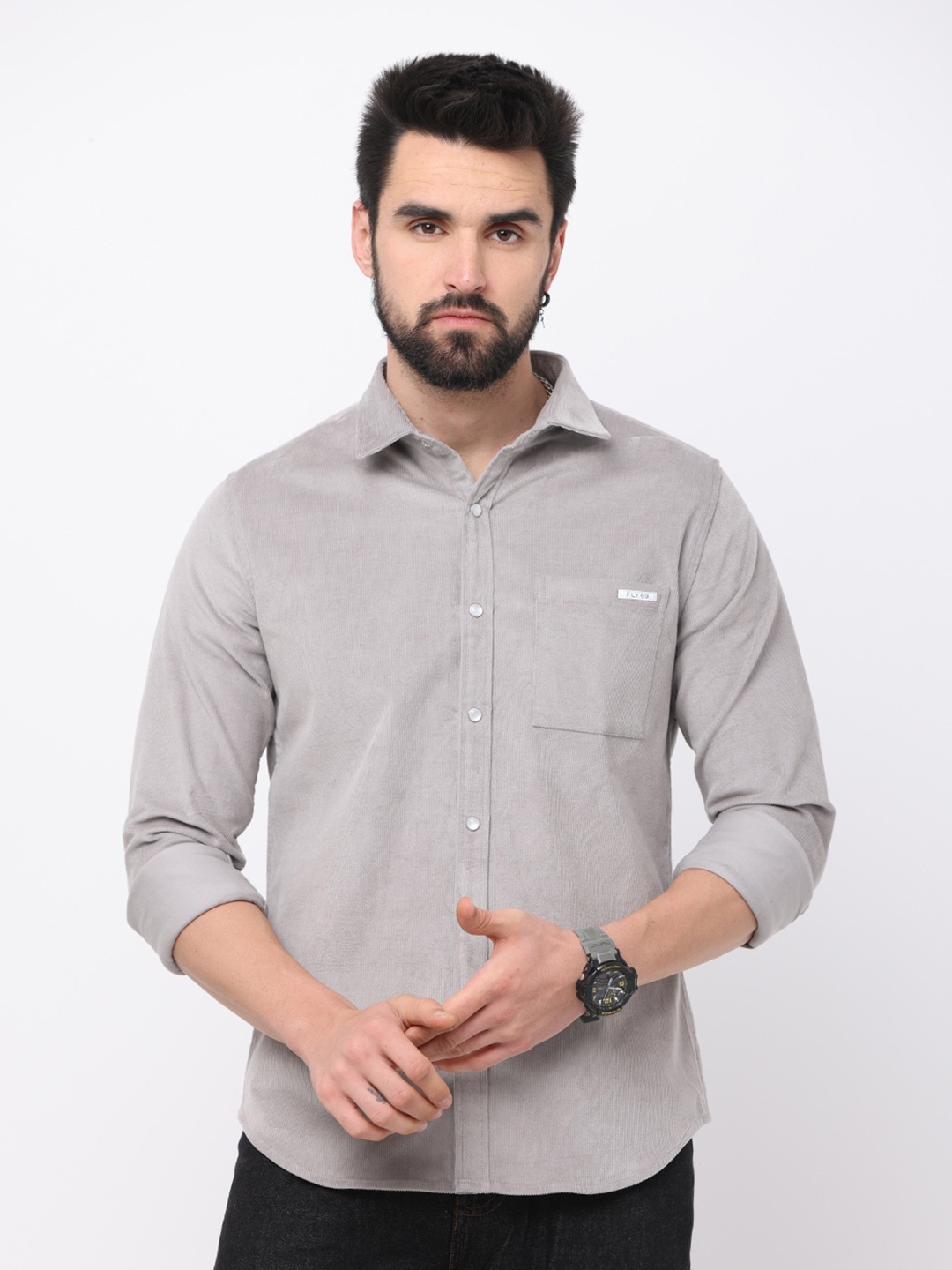 

FLY 69 Premium Slim Fit Spread Collar Casual Shirt, Grey