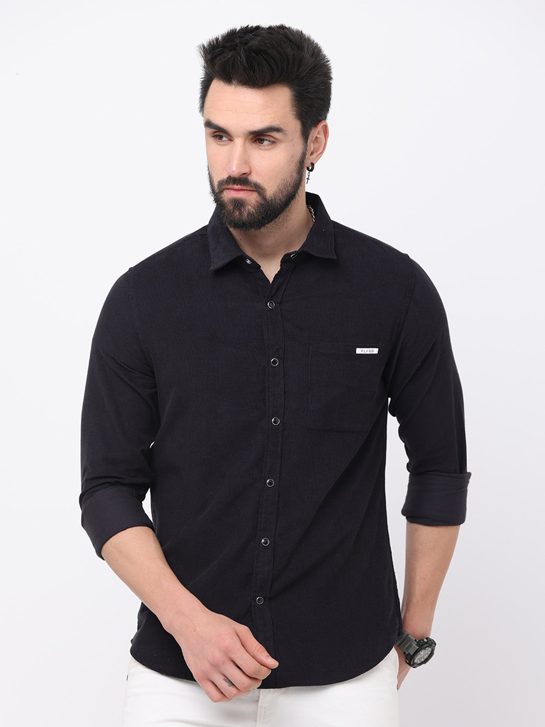 

FLY 69 Premium Slim Fit Cotton Corduroy Shirt, Black