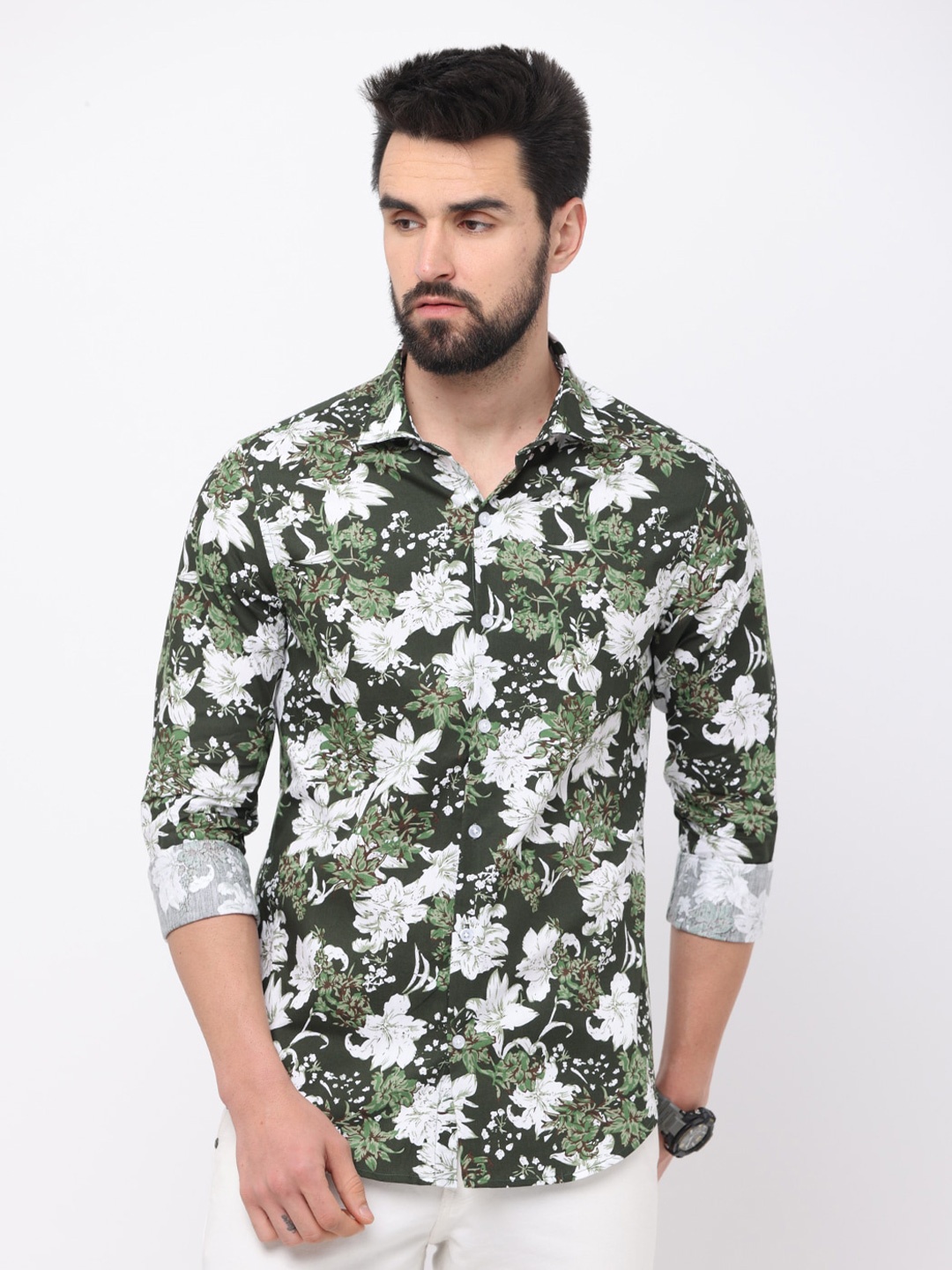 

FLY 69 Floral Printed Slim Fit Pure Cotton Casual Shirt, Olive