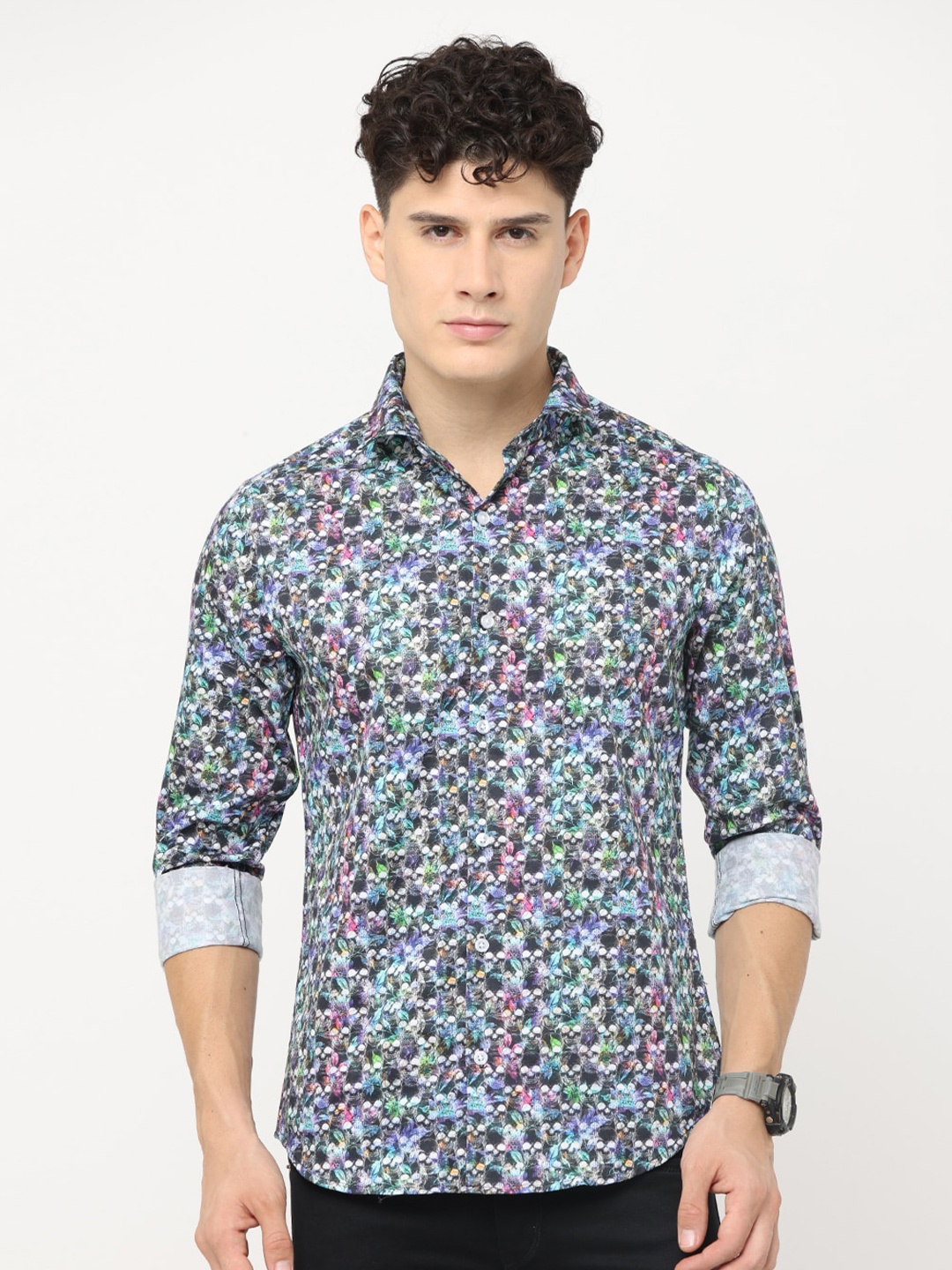 

FLY 69 Premium Slim Fit Abstract Printed Cotton Casual Shirt, Black