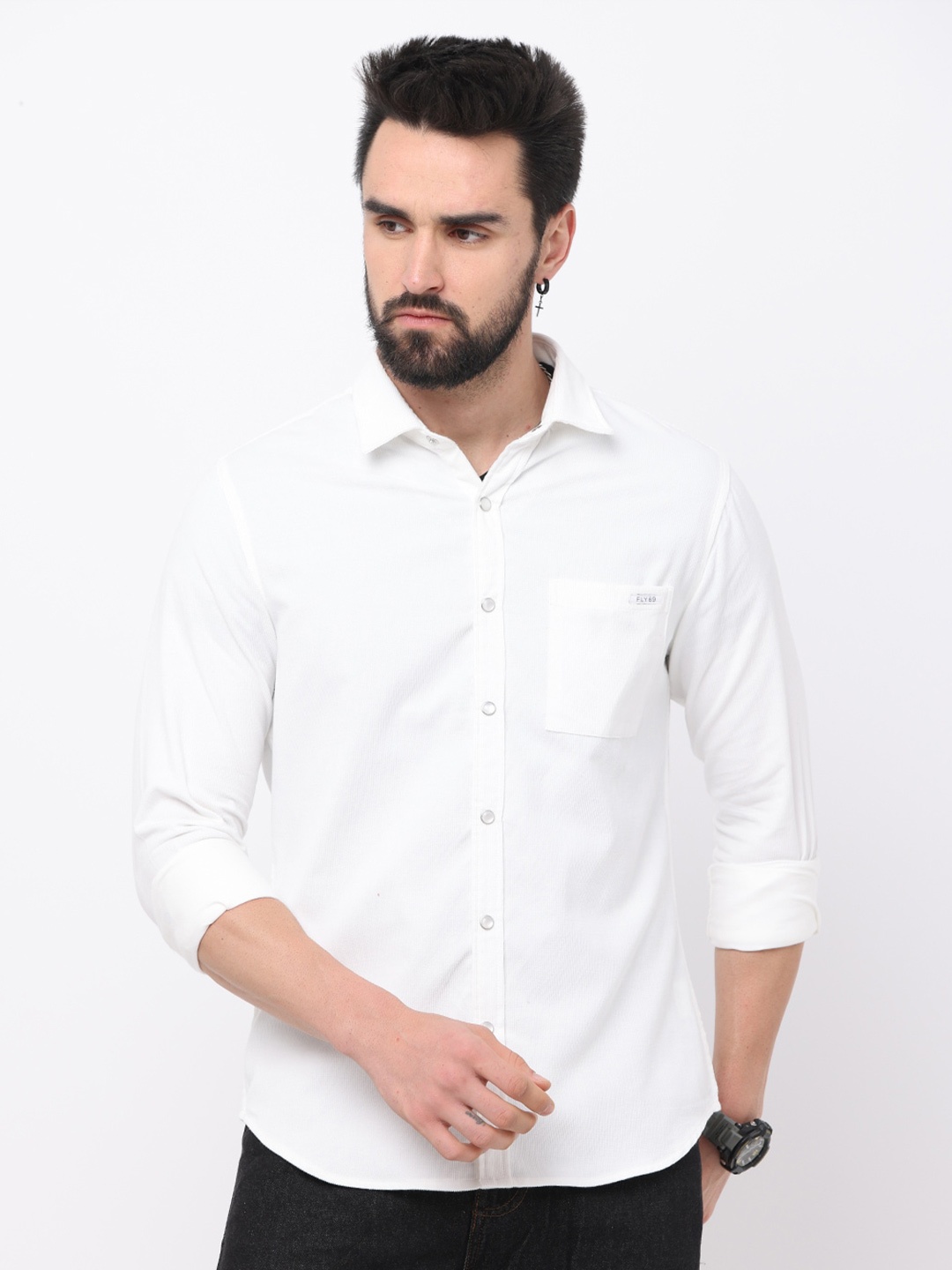 

FLY 69 Premium Slim Fit Corduroy Casual Shirt, White