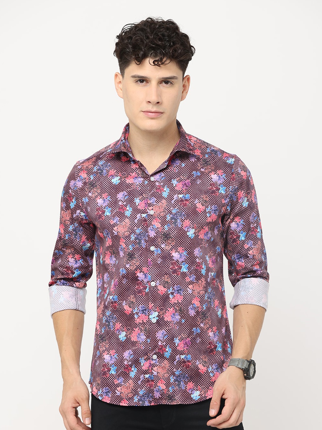 

FLY 69 Premium Slim Fit Floral Printed Spread Collar Long Sleeve Cotton Casual Shirt, Purple
