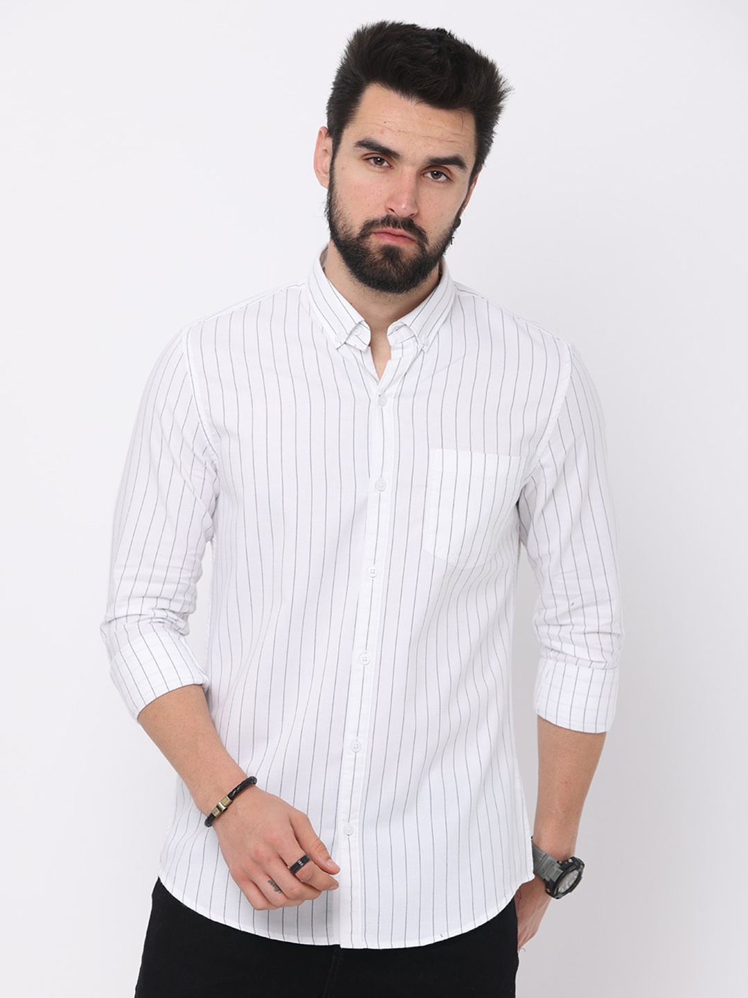 

FLY 69 Premium Slim Fit Vertical Stripes Button-Down Collar Cotton Casual Shirt, White