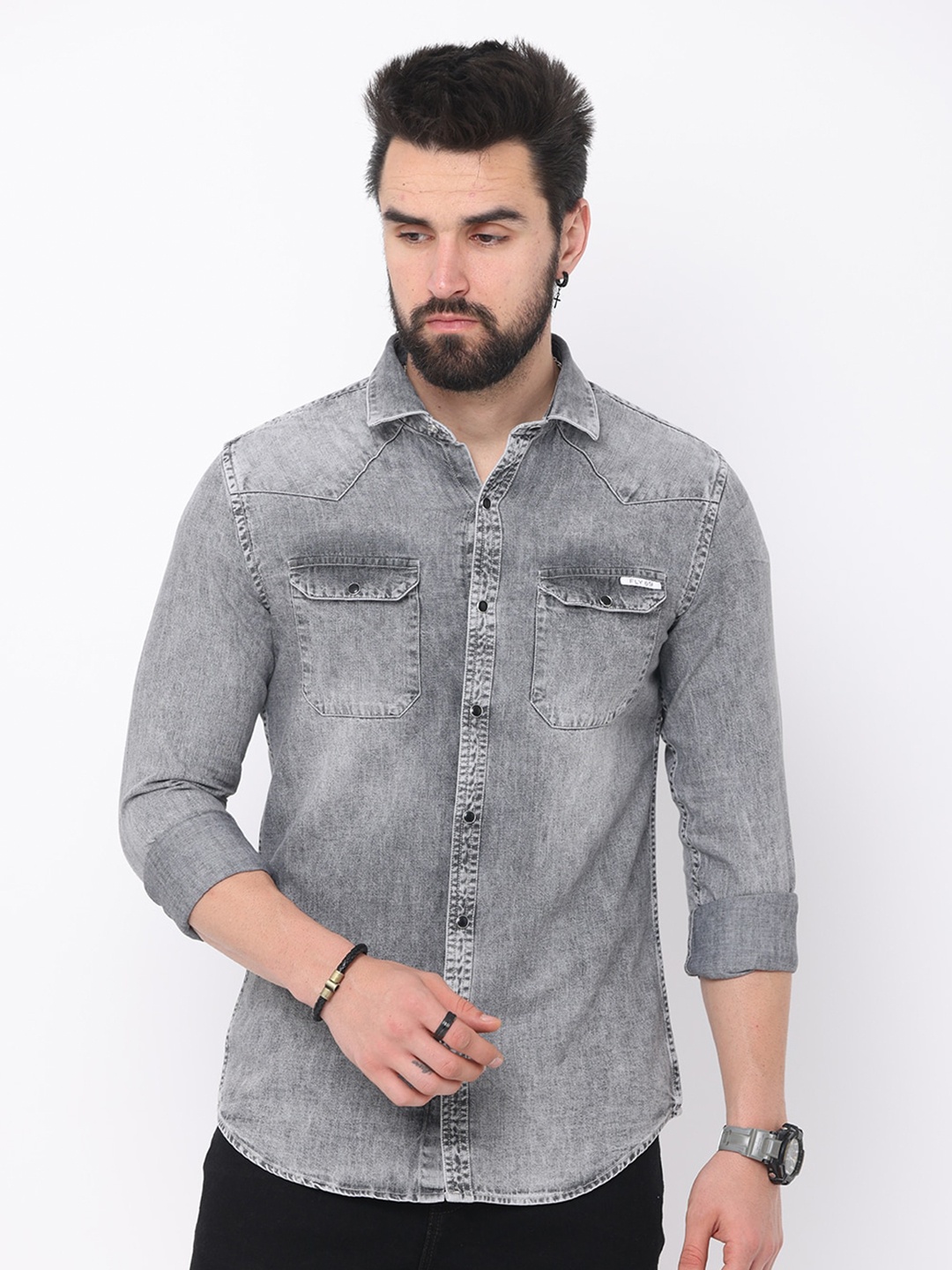

FLY 69 Premium Faded Slim Fit Denim Casual Shirt, Grey