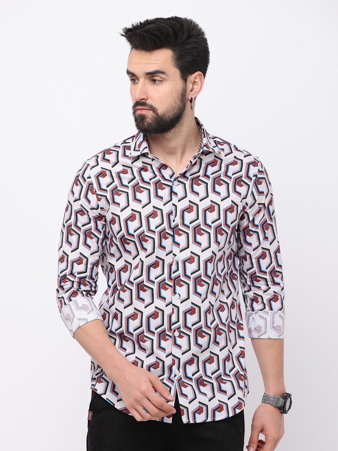 

FLY 69 Premium Geometric Slim Fit Opaque Printed Pure Cotton Casual Shirt, Off white