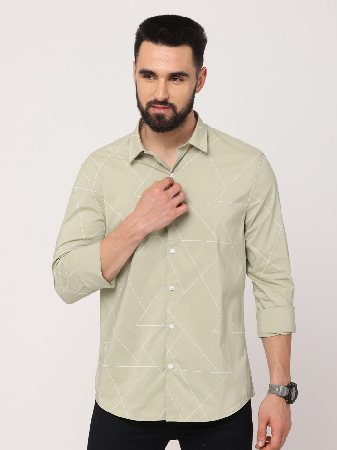 

FLY 69 Premium Slim Fit Geometric Printed Pure Cotton Casual Shirt, Green