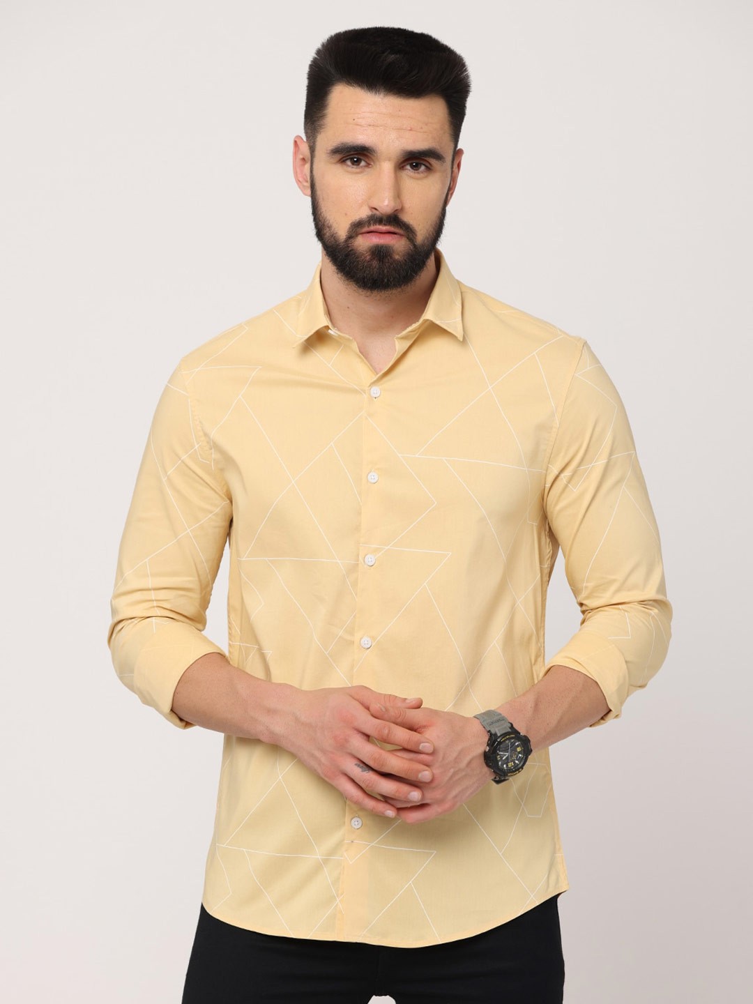 

FLY 69 Premium Slim Fit Geometric Printed Pure Cotton Casual Shirt, Yellow