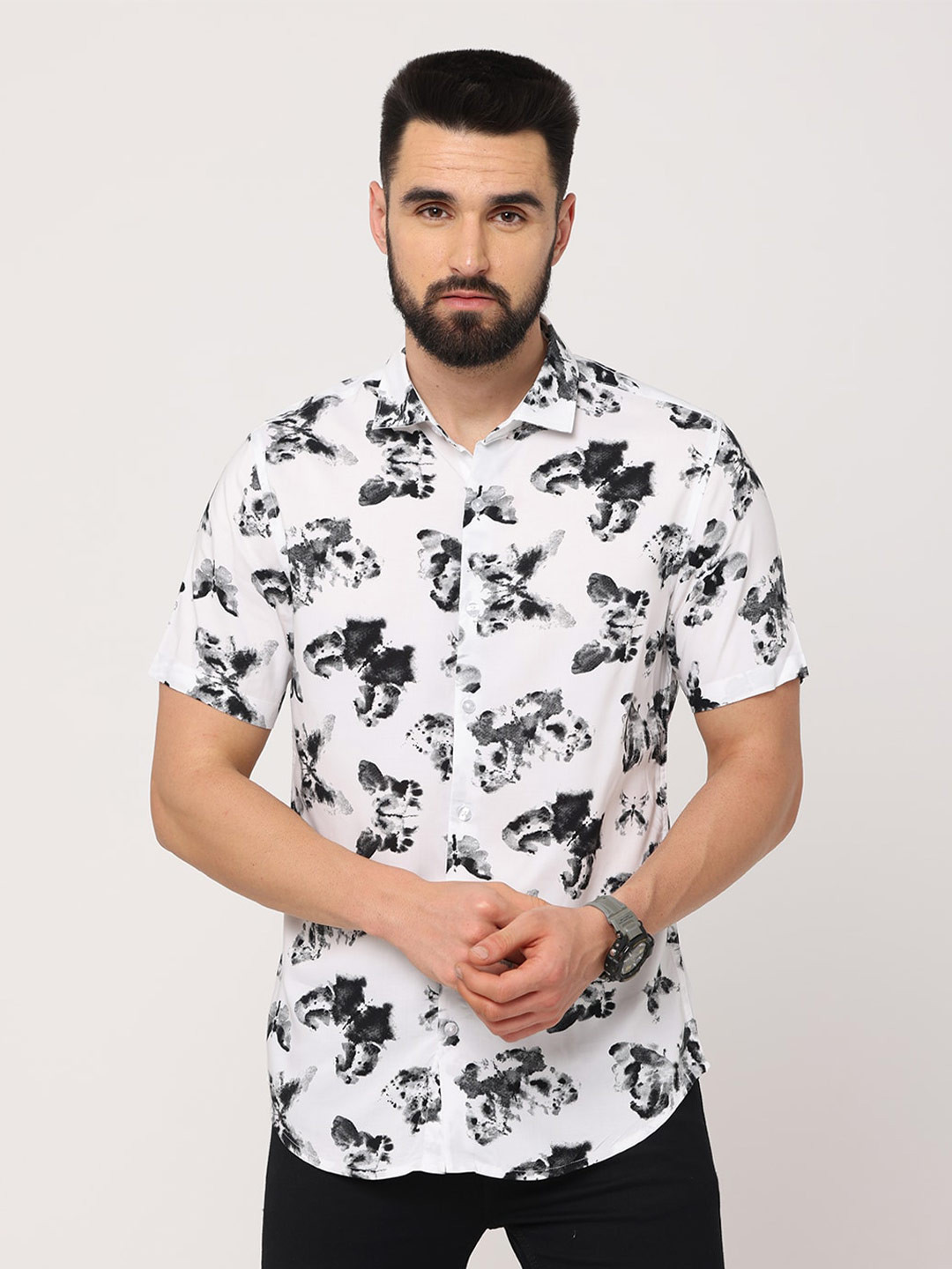 

FLY 69 Premium Slim Fit Abstract Printed Pure Cotton Casual Shirt, White
