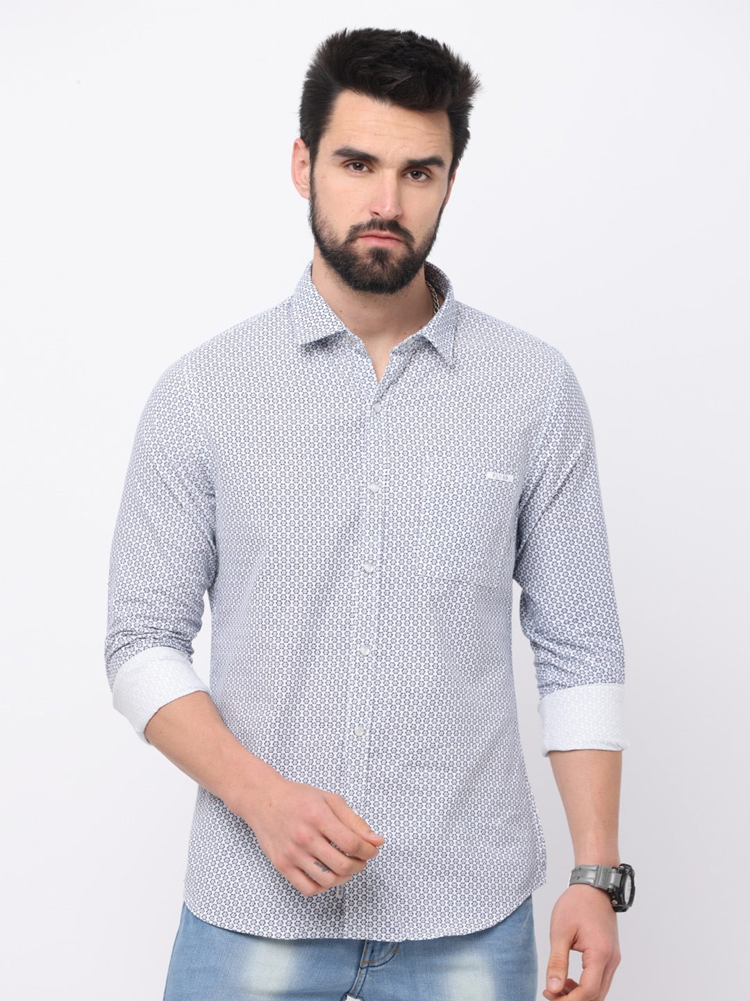 

FLY 69 Premium Slim Fit Micro Ditsy Printed Casual Shirt, Off white