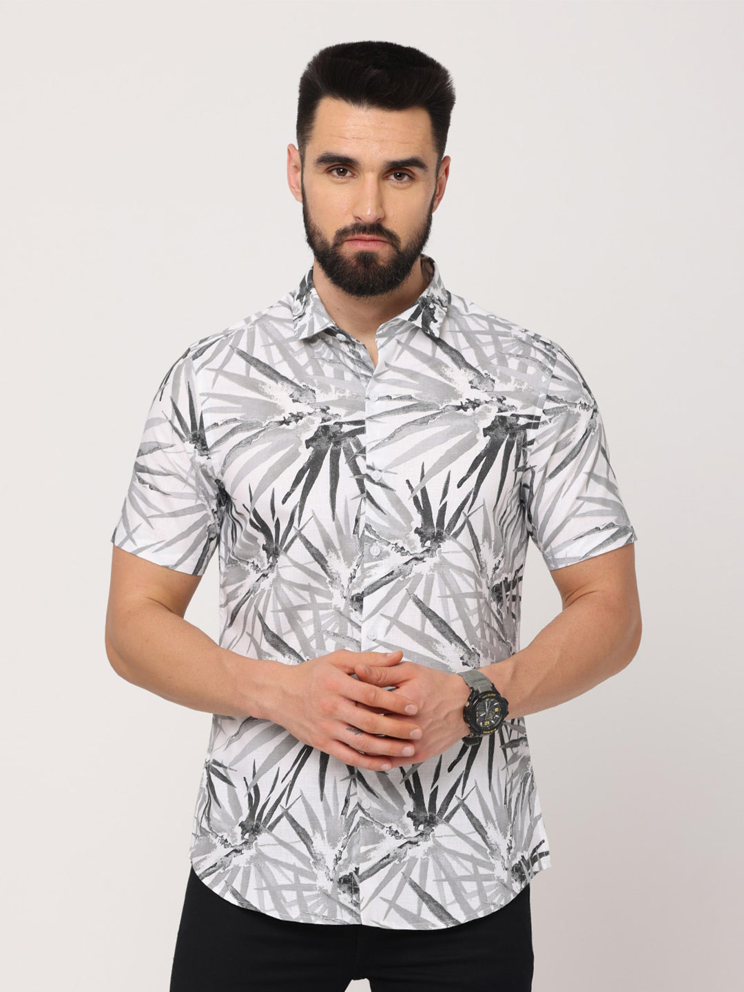 

FLY 69 Abstract Printed Premium Slim Fit Pure Cotton Casual Shirt, Grey