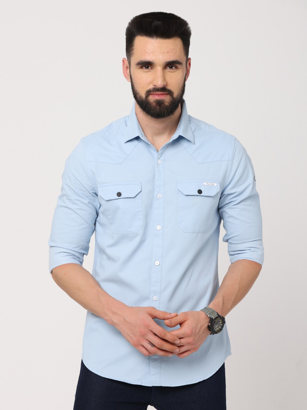 

FLY 69 Premium Spread Collar Slim Fit Cotton Casual Shirt, Blue