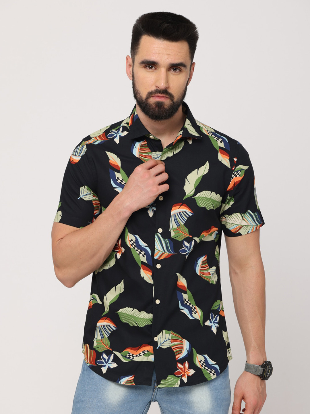 

FLY 69 Premium Floral Printed Slim Fit Pure Cotton Casual Shirt, Black